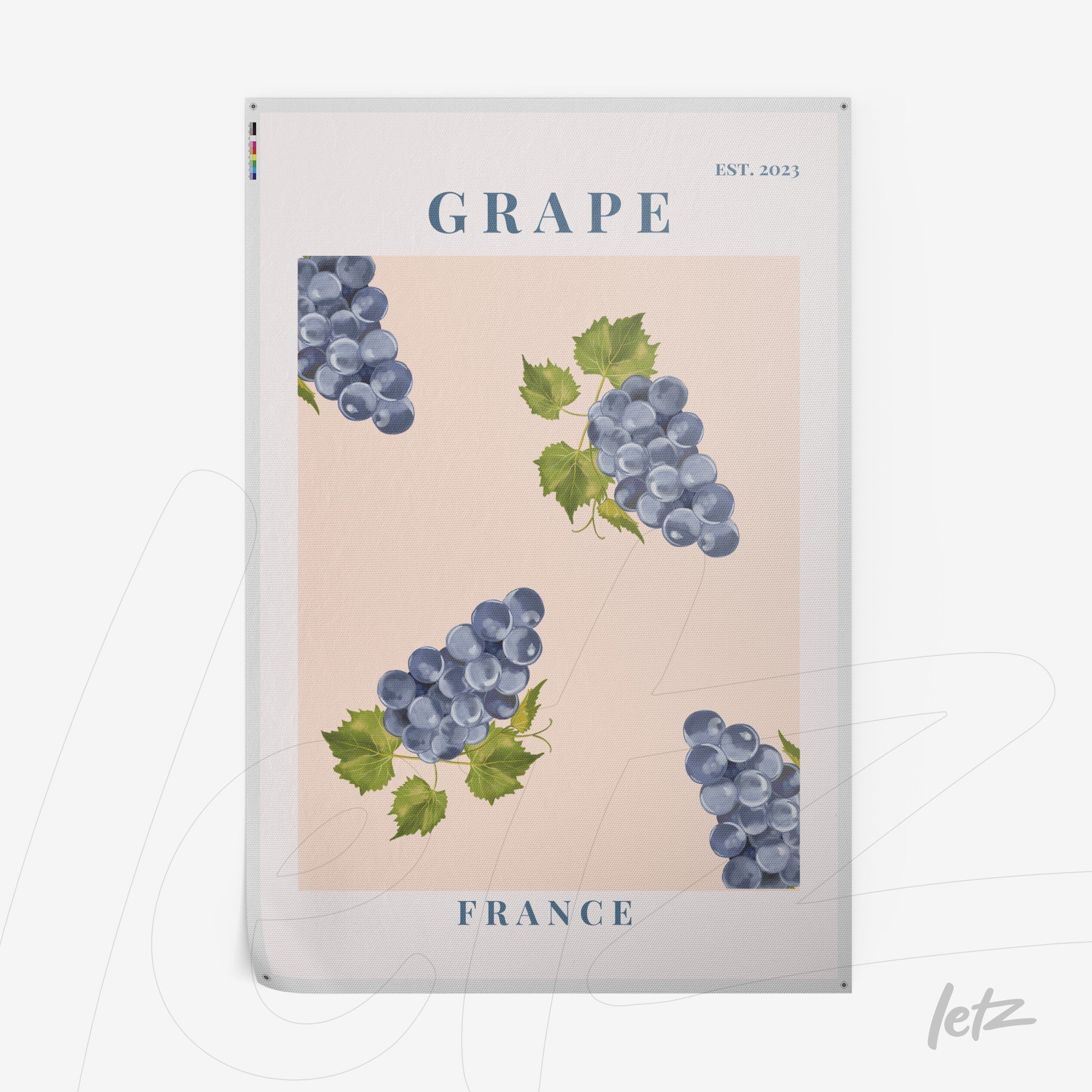 framed wall art featuring a pattern of blue grapes on a light pink background, with 'GRAPE' and 'FRANCE' text at the top and bottom