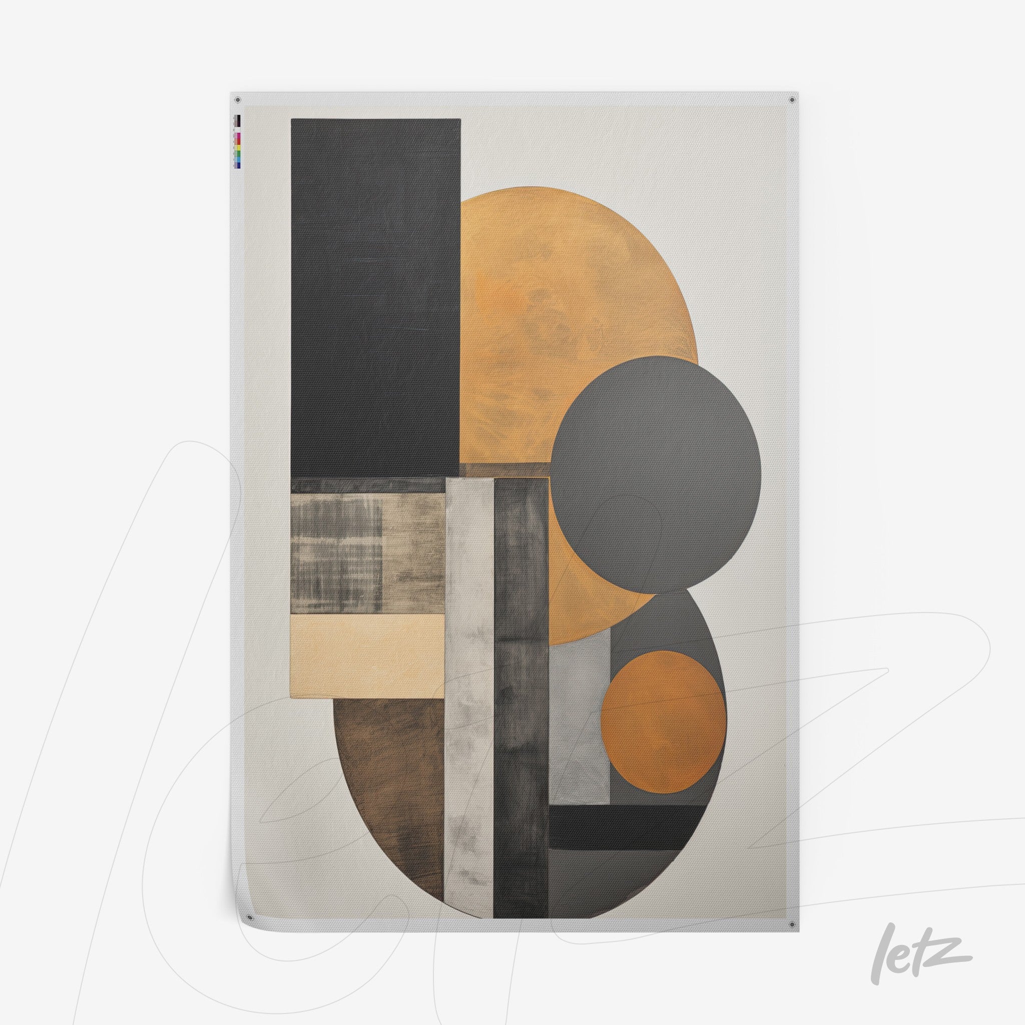 abstract wall art featuring orange, black, and gray geometric shapes on a cream background