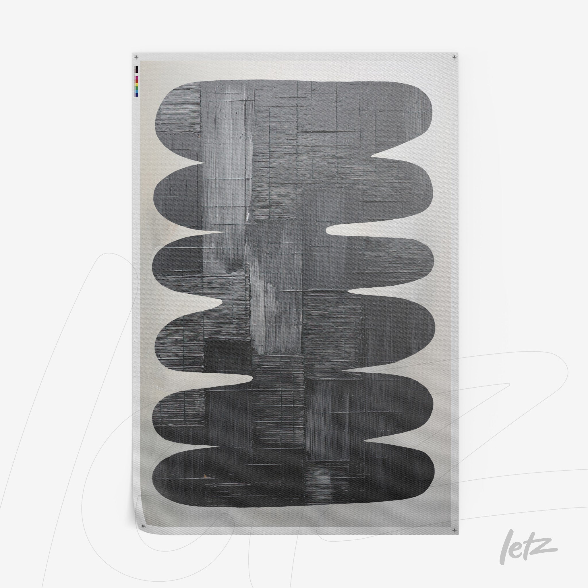 abstract wall art in shades of gray featuring organic shapes on a silver background