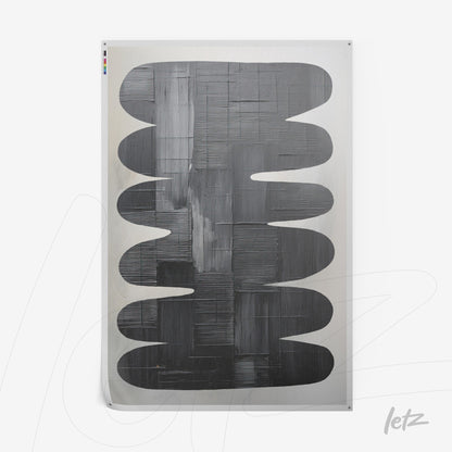 abstract wall art in shades of gray featuring organic shapes on a silver background