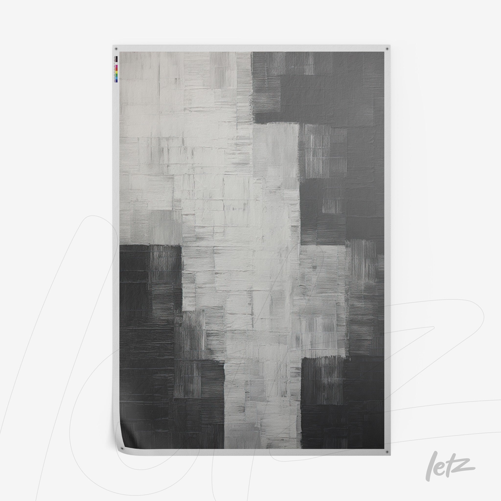canvas artwork featuring abstract design in shades of black, white, and gray with soft textures