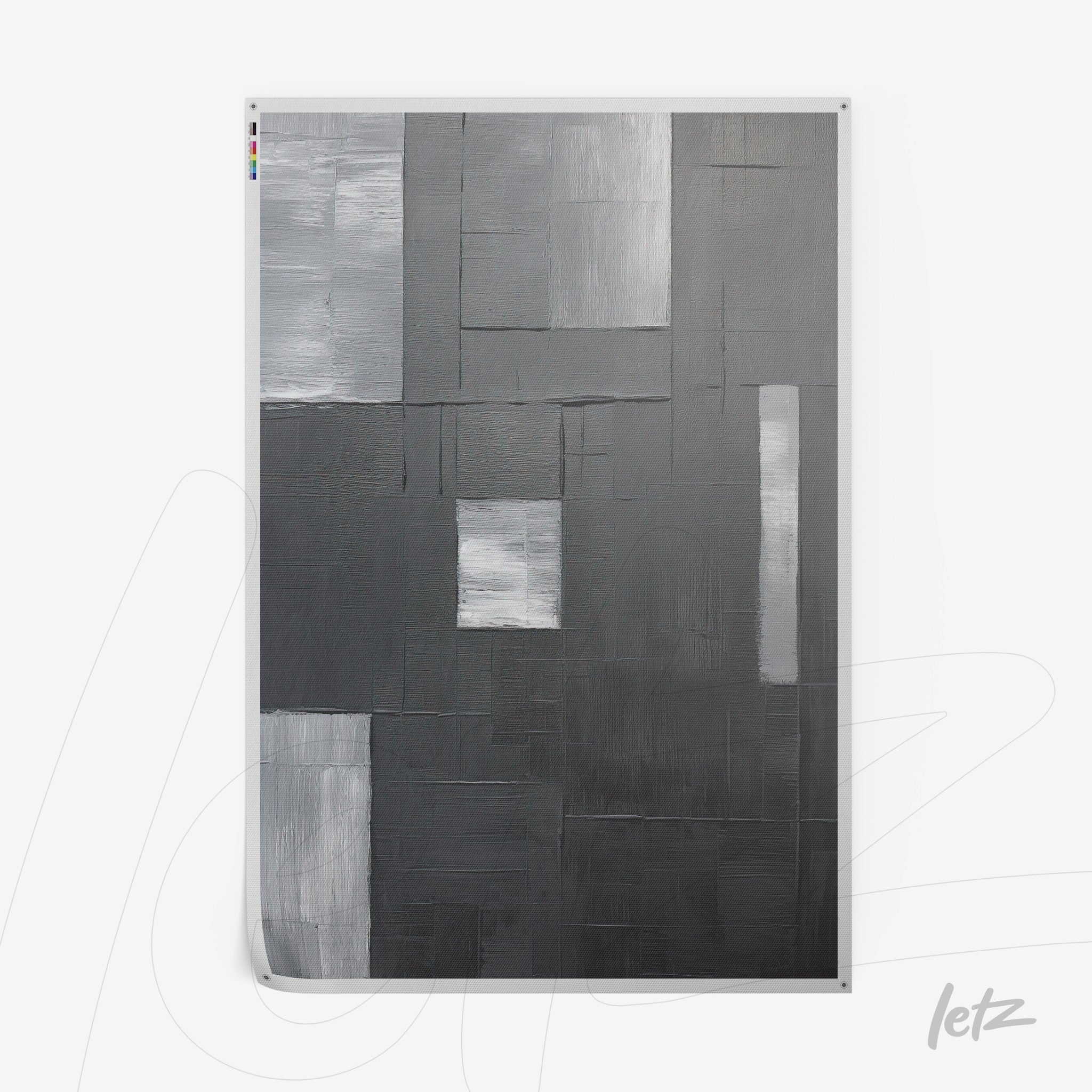 canvas print featuring modern abstract art in shades of gray and black with textured surfaces