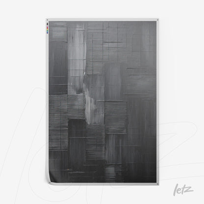 canvas artwork featuring abstract painting in shades of black and gray with textured layers