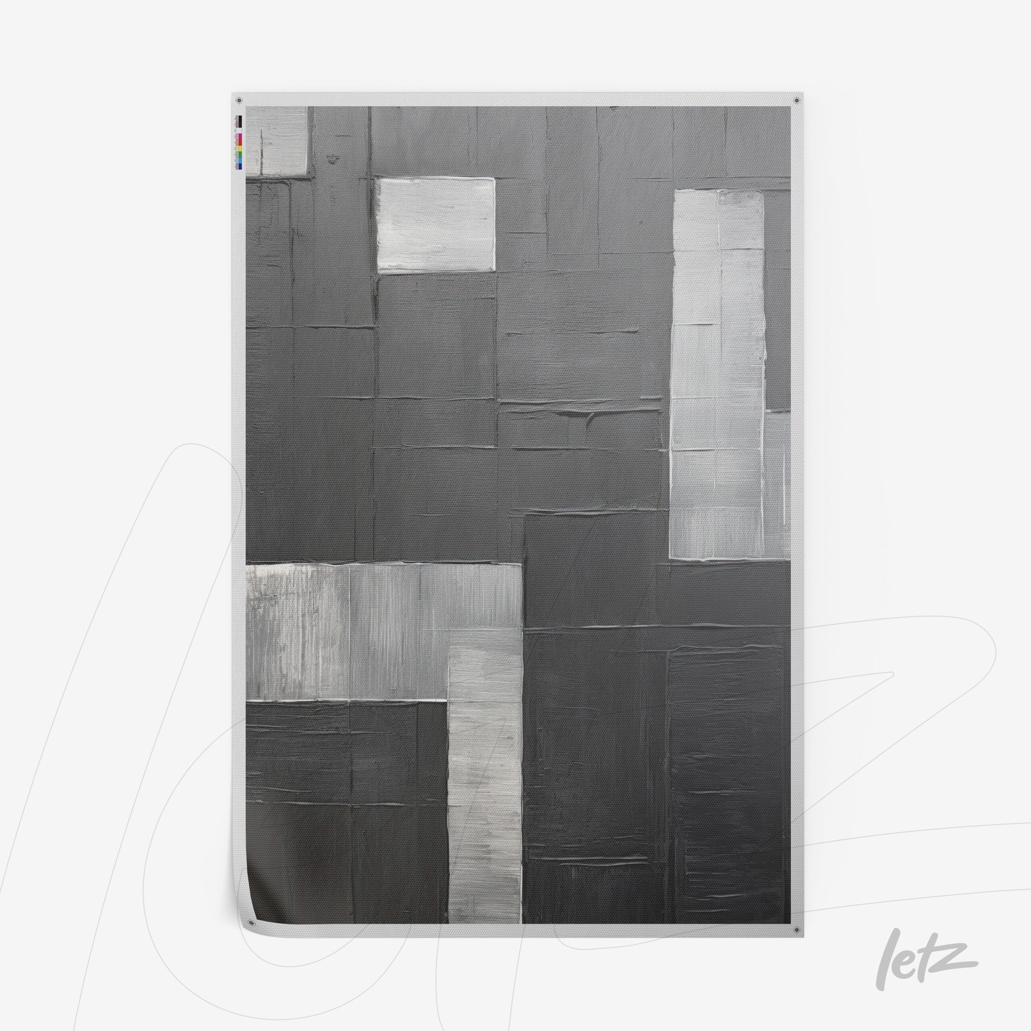 abstract wall art in shades of gray and silver featuring various textures