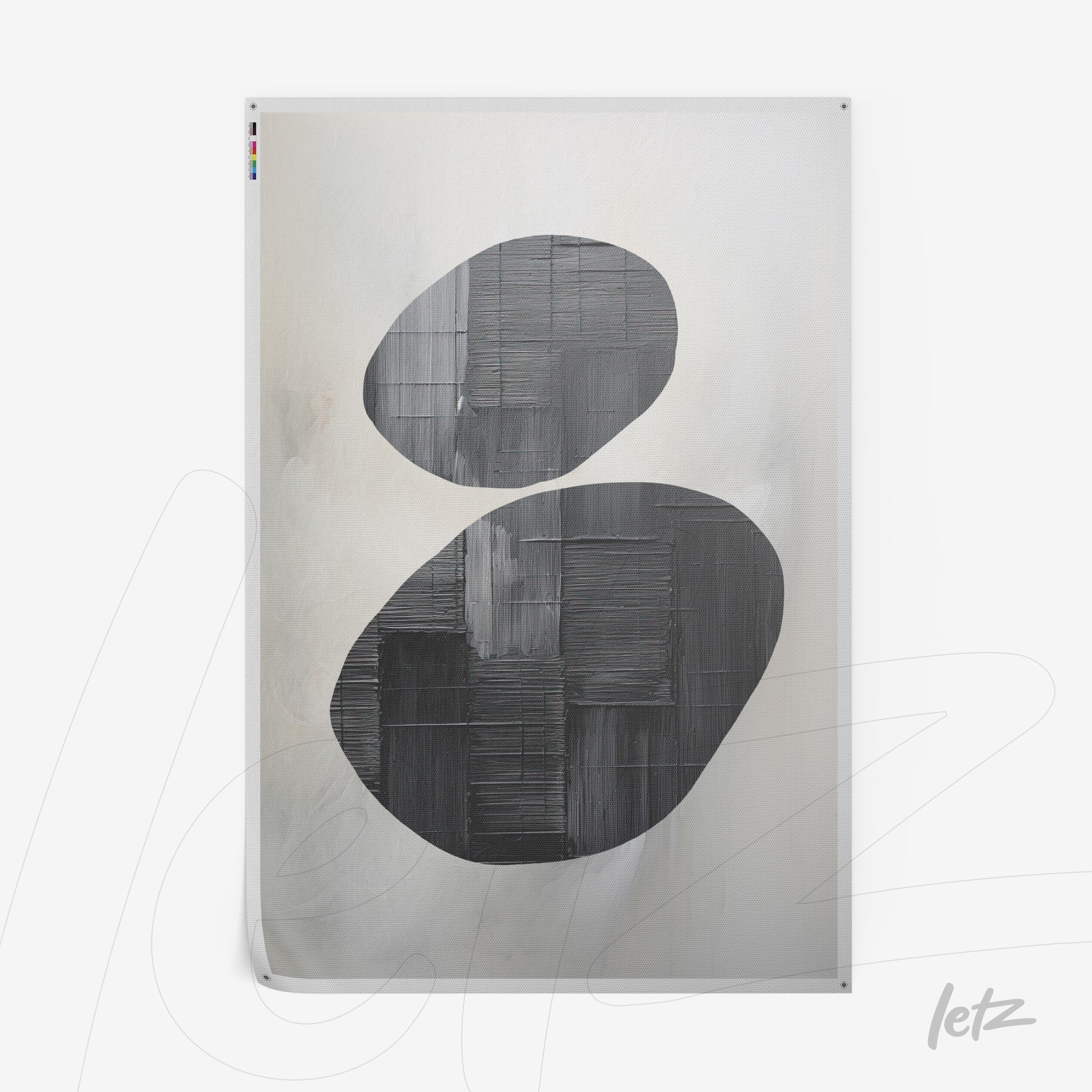 framed wall art featuring geometric shapes in black on a light background