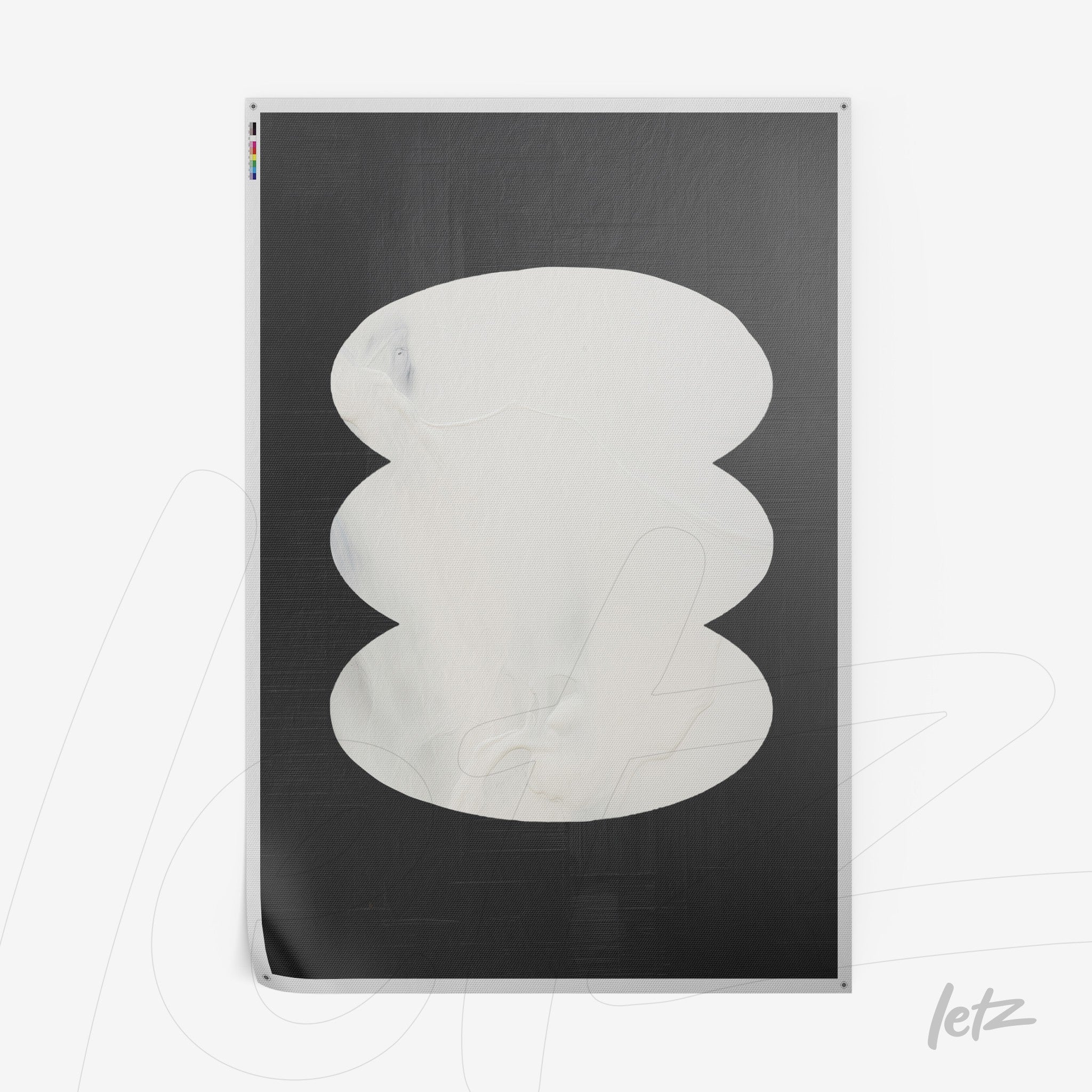 abstract wall art on black background featuring organic white shapes