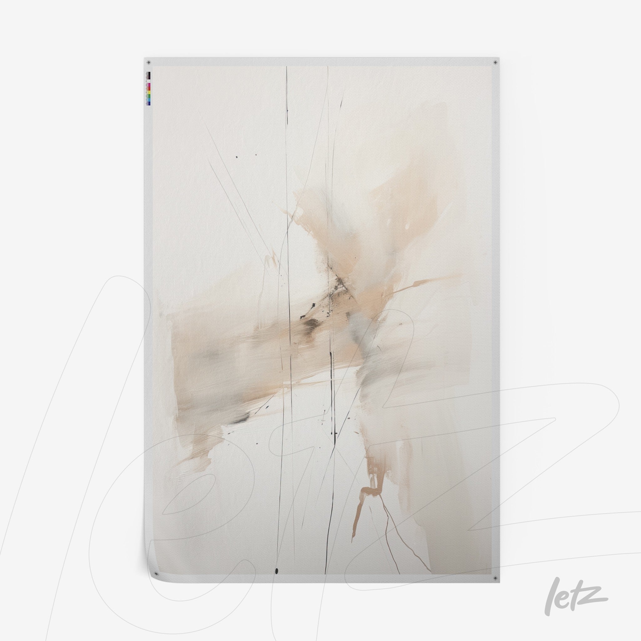 abstract wall art in neutral tones featuring soft brushstrokes and fine lines on a light background
