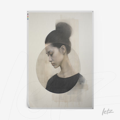 canvas art featuring a contemporary portrait of a woman in soft tones with a gray circle on a light background