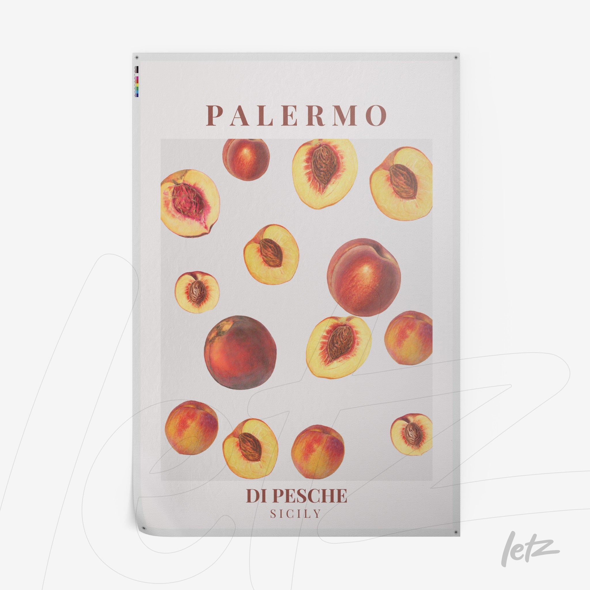 vintage style poster print featuring illustrations of peaches on a white background with bold text