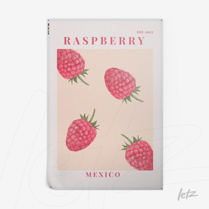 poster print featuring raspberries illustration on light beige background with stylized text at the top
