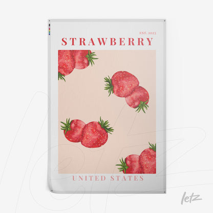 poster featuring illustration of strawberries on pink background with 'STRAWBERRY' prominently displayed