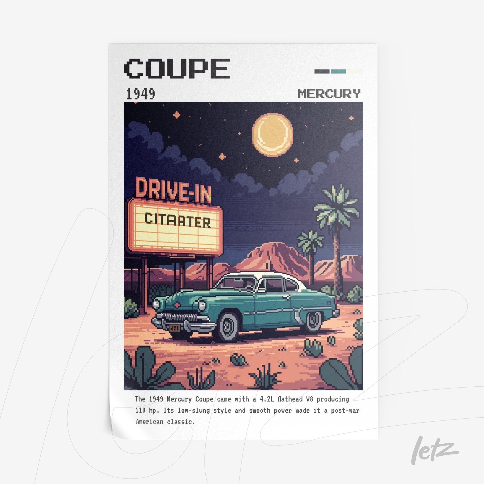 pixel art print of a 1949 Mercury Coupe at a drive-in with a full moon in the background