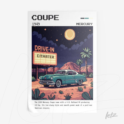 pixel art print of a 1949 Mercury Coupe at a drive-in with a full moon in the background
