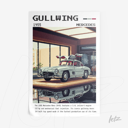framed wall art of a 1955 Mercedes-Benz 300SL Gullwing in a modern garage with glass doors