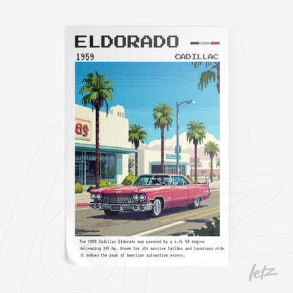 pixel art print of a 1959 Cadillac Eldorado with an urban background depicting palm trees and retro buildings