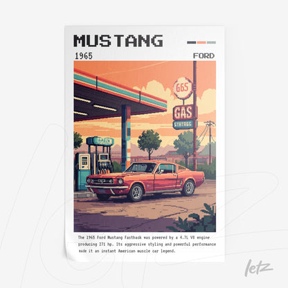 digital artwork featuring a retro illustration of a 1965 Ford Mustang at a gas station, highlighting its iconic design and vibrant colors