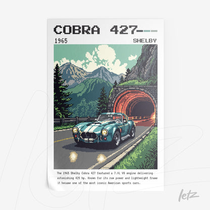 retro style artwork of a Shelby Cobra 427 car on a road with mountains and a tunnel in the background