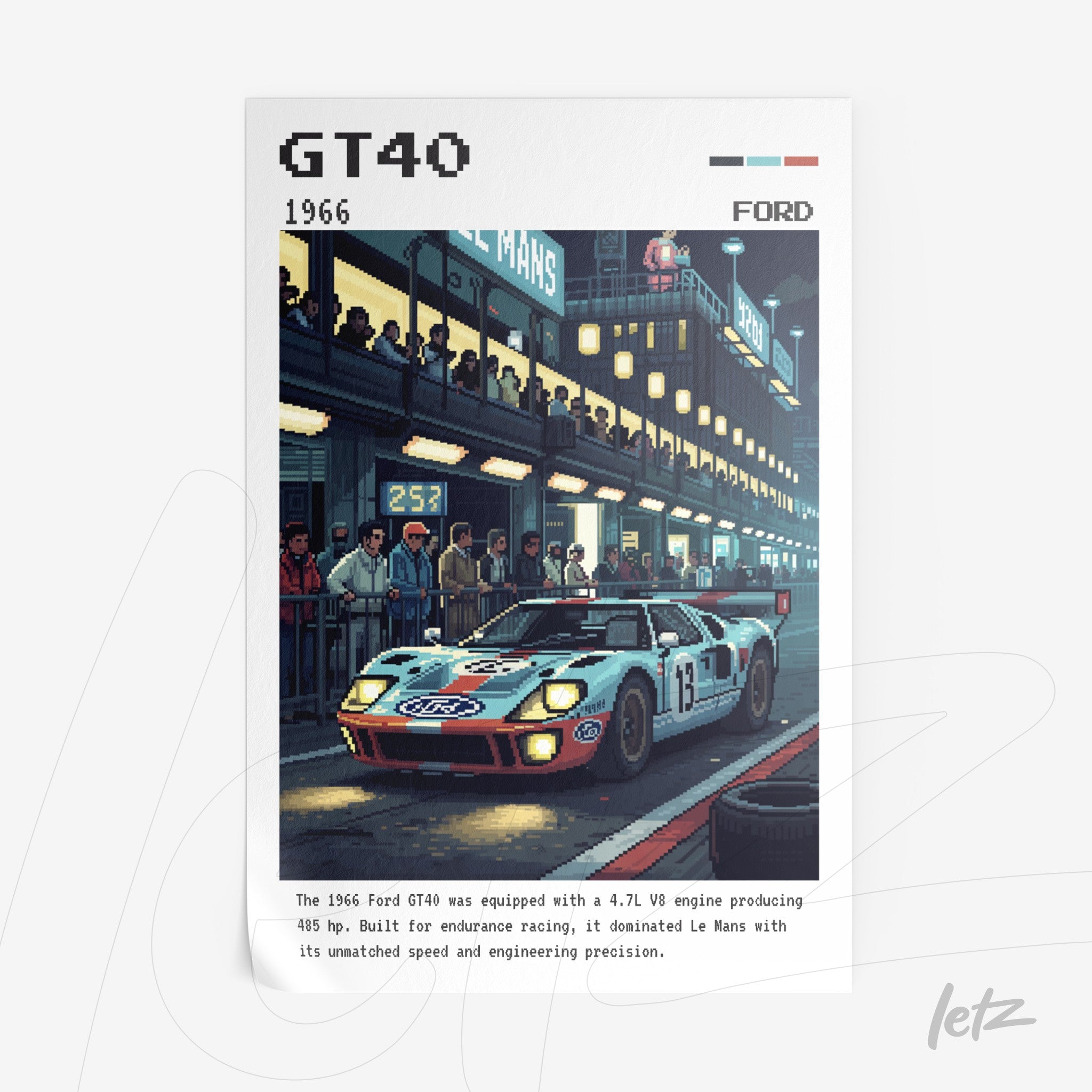 pixel art framed wall art featuring the Ford GT40 car in front of a racetrack at night with spectators and dramatic lighting