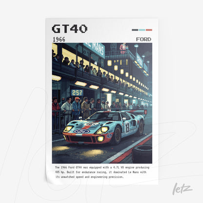 pixel art framed wall art featuring the Ford GT40 car in front of a racetrack at night with spectators and dramatic lighting