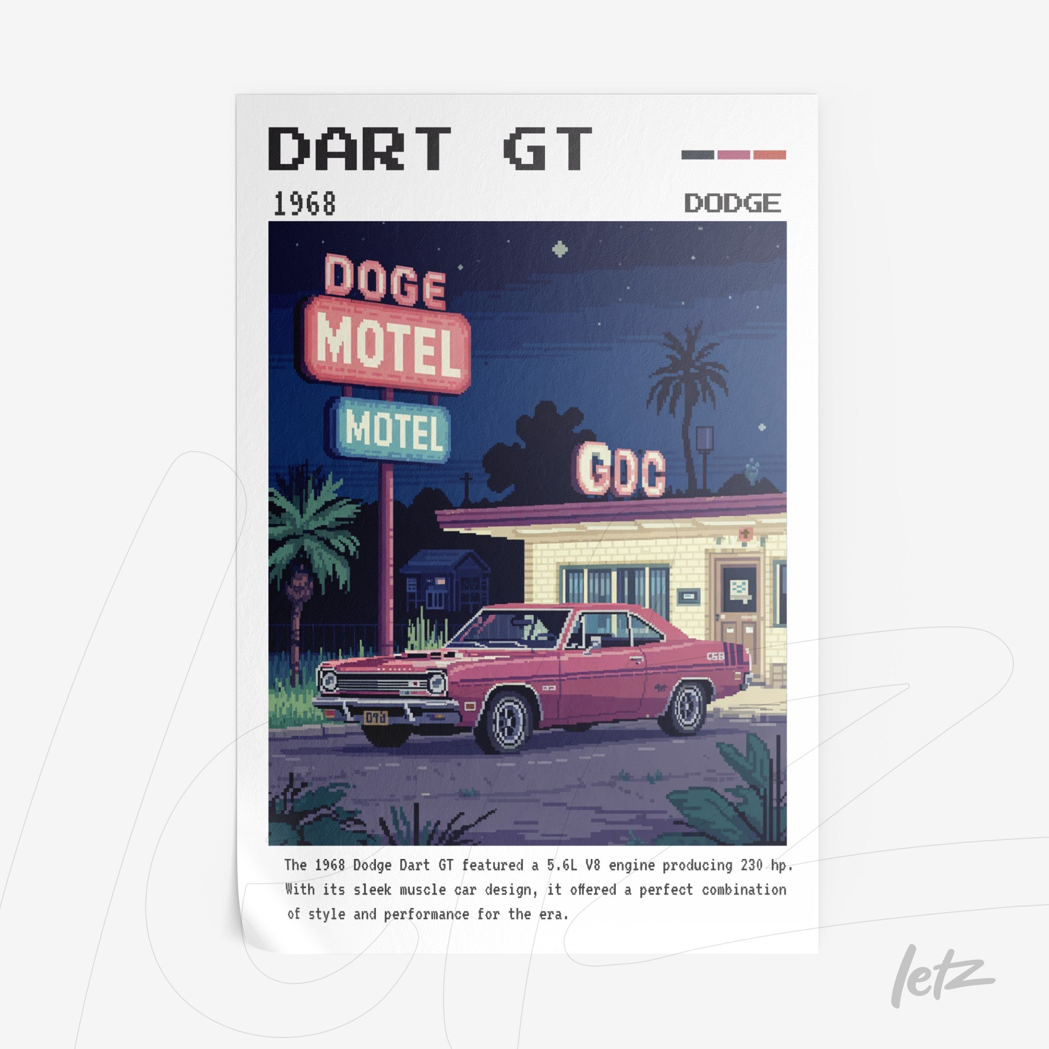 pixel art wall art of a 1968 Dodge Dart GT parked in front of a retro motel illuminated at night