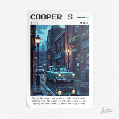 pixel art illustration of a 1968 Mini Cooper S car displayed on a light background, featuring cobblestone streets and lit street lamps at night