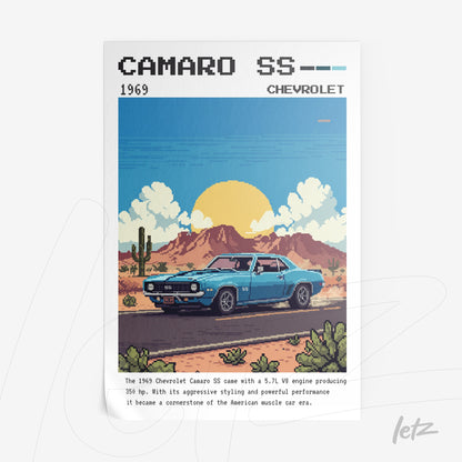 pixel art print of a 1969 Camaro SS in a desert landscape
