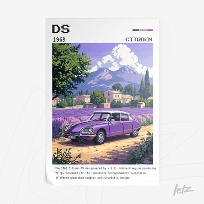 pixel art print of the 1969 Citroen DS car set against a white background with mountains in the distance
