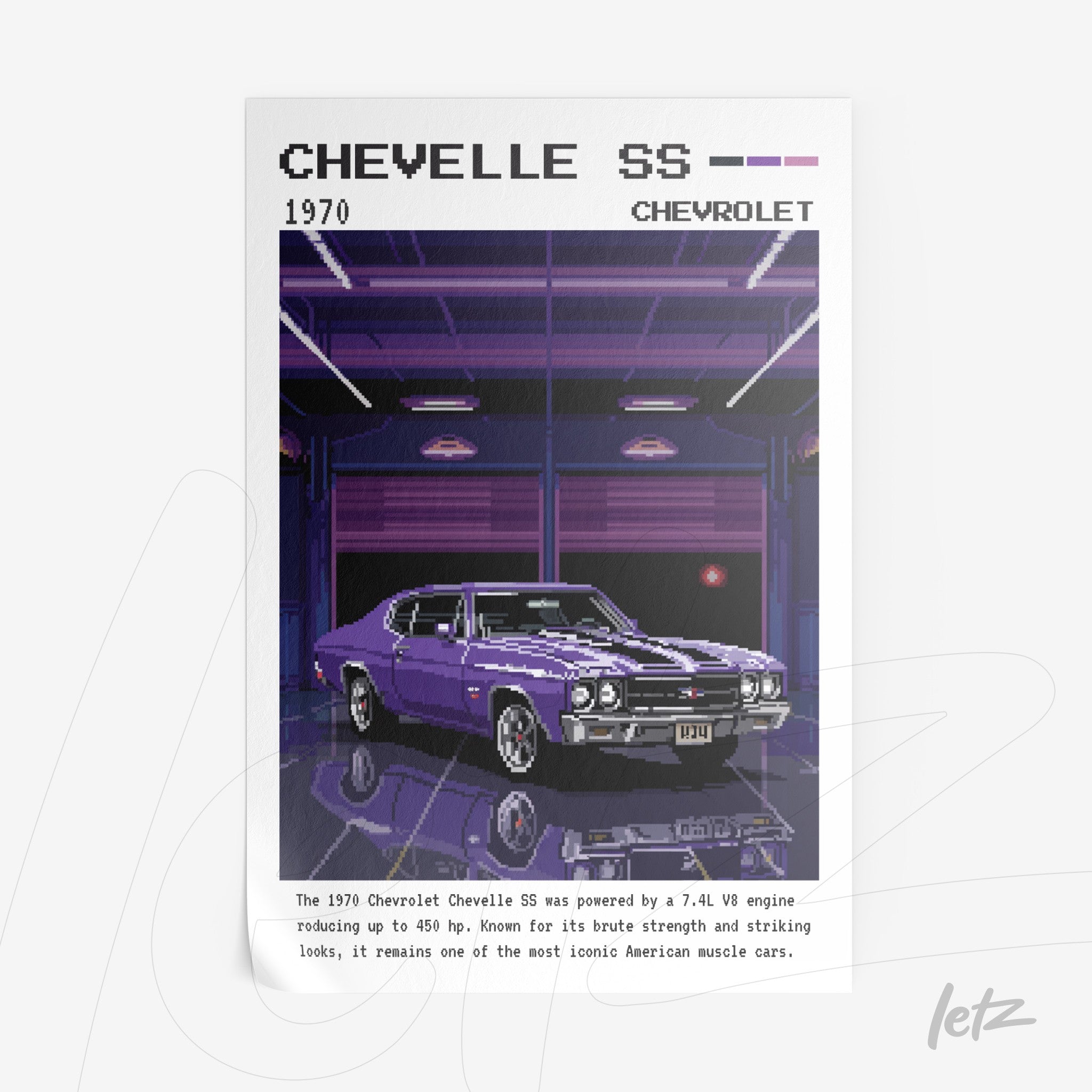 framed digital art of a 1970 Chevrolet Chevelle SS in pixel art style set against a garage background