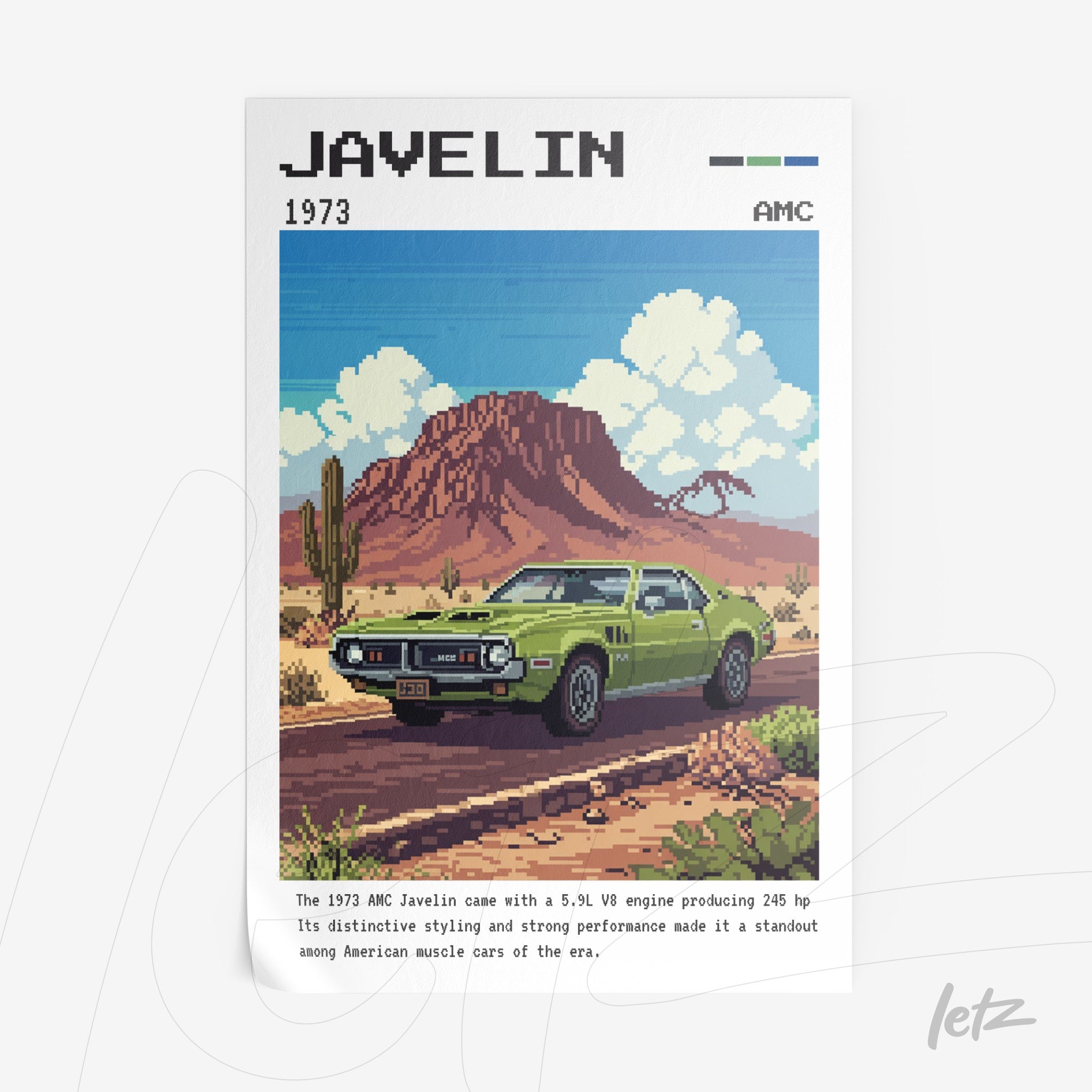 pixel art of a 1973 AMC Javelin in a desert landscape with mountains in the background