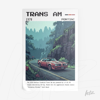 pixel art of the Pontiac Firebird Trans Am on a mountain road