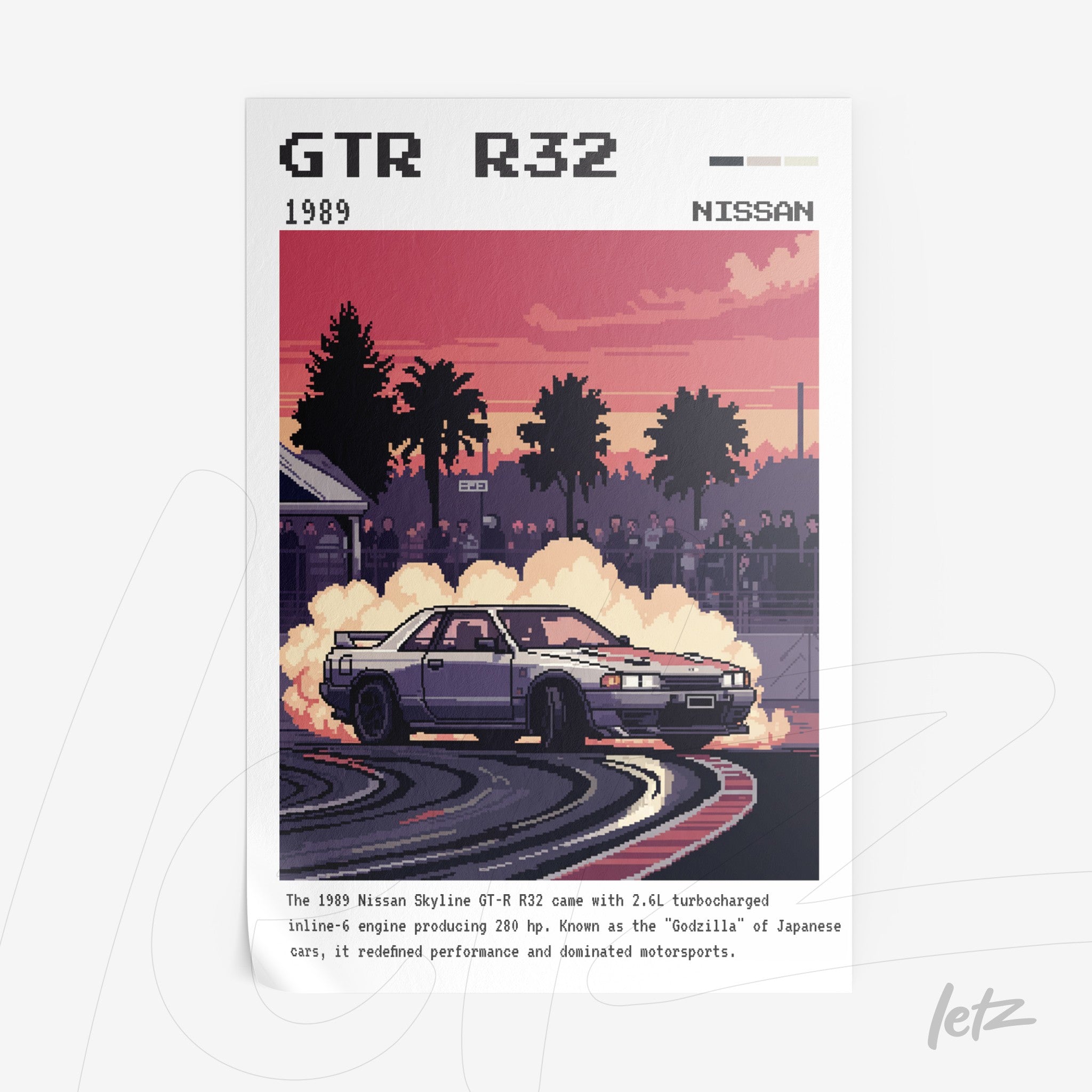 framed pixel art of a nissan skyline gt-r r32 in a racing scene at sunset with smoke and palm trees in the background