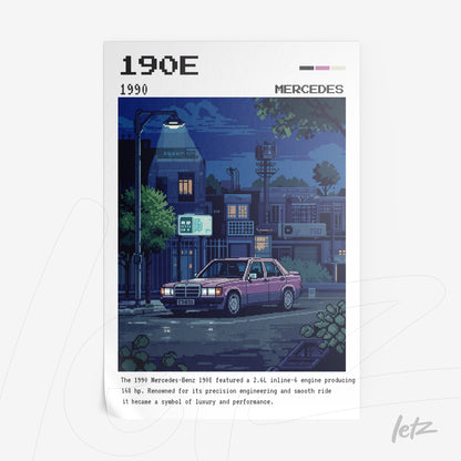 pixel art of Mercedes-Benz 190E in a nighttime urban setting with city lighting