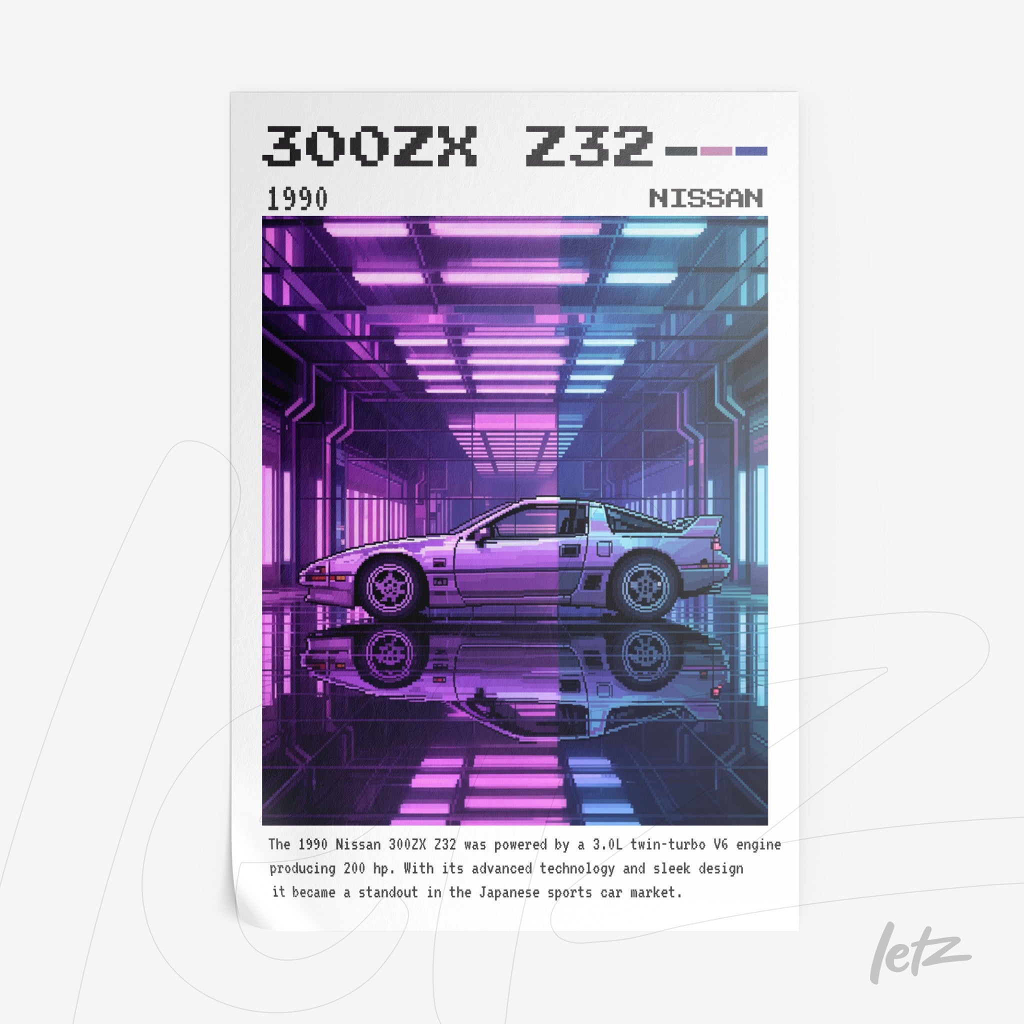 digital artwork of the 1990 Nissan 300ZX Z32 in a futuristic neon background