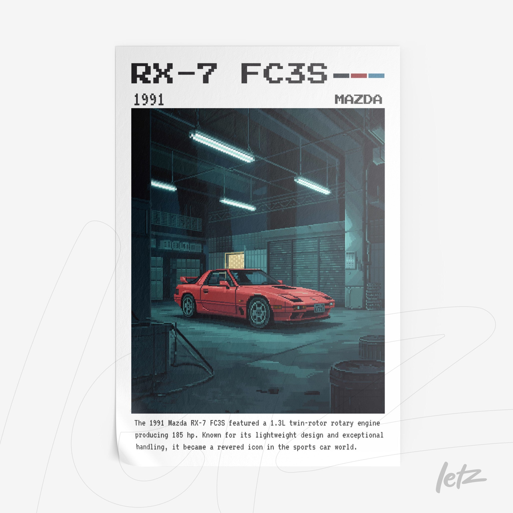 digital art print of a red Mazda RX-7 FC3S in a dark garage with retro elements