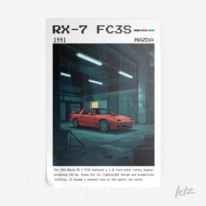 digital art print of a red Mazda RX-7 FC3S in a dark garage with retro elements