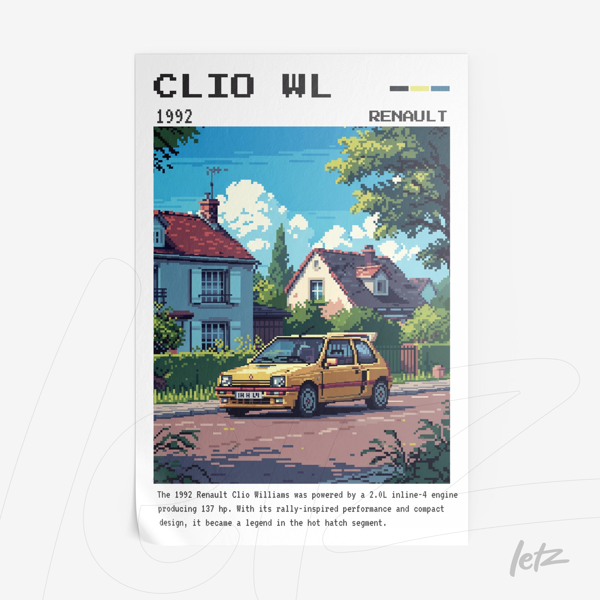 pixel art illustration of a yellow Renault Clio Williams parked on a street with classic houses in the background, dated 1992 at the top