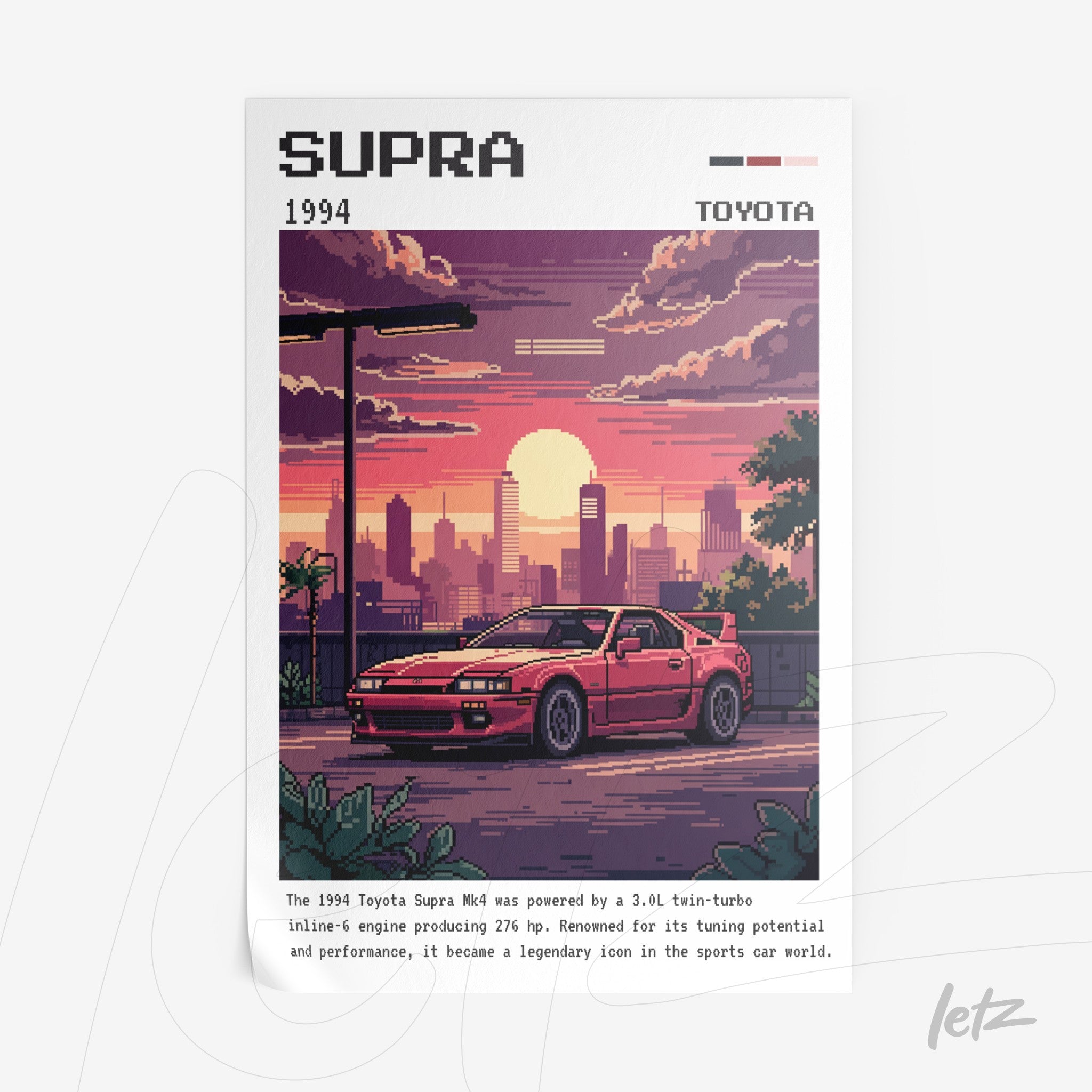 pixel art print featuring a 1994 Toyota Supra in a stylized urban landscape