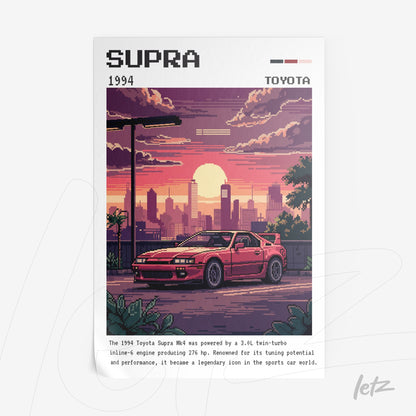 pixel art print featuring a 1994 Toyota Supra in a stylized urban landscape