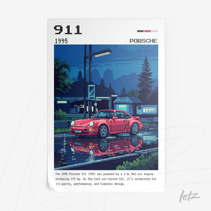 pixel art of a red Porsche 911 reflected on a lake at night, with city details in the background