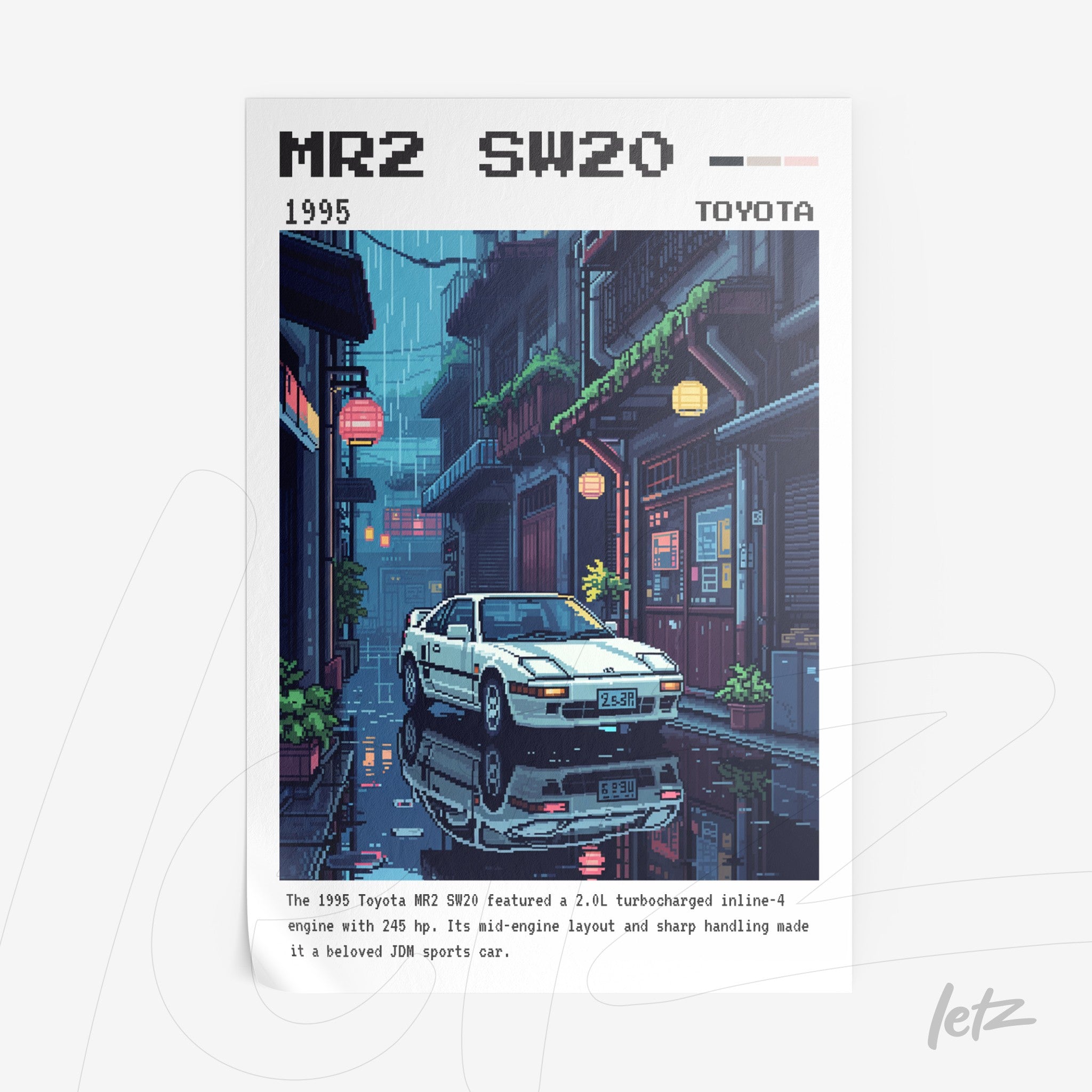 pixel art print of a Toyota SW20 sports car in a wet street with Japanese-style buildings and lanterns in the background