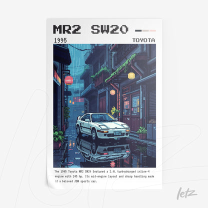pixel art print of a Toyota SW20 sports car in a wet street with Japanese-style buildings and lanterns in the background