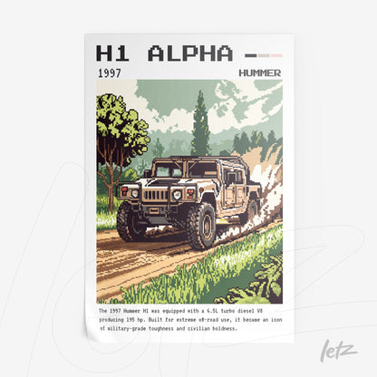 pixel art of a 1997 Hummer H1 on a rural road surrounded by greenery