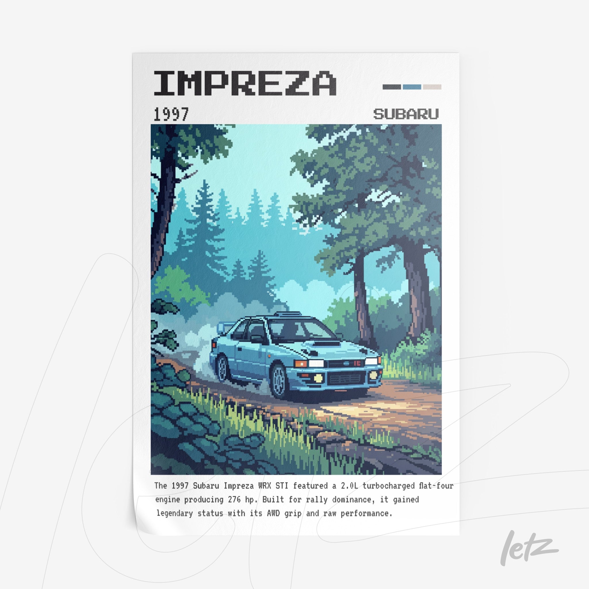 pixel art of Subaru Impreza WRX STI in a forest landscape