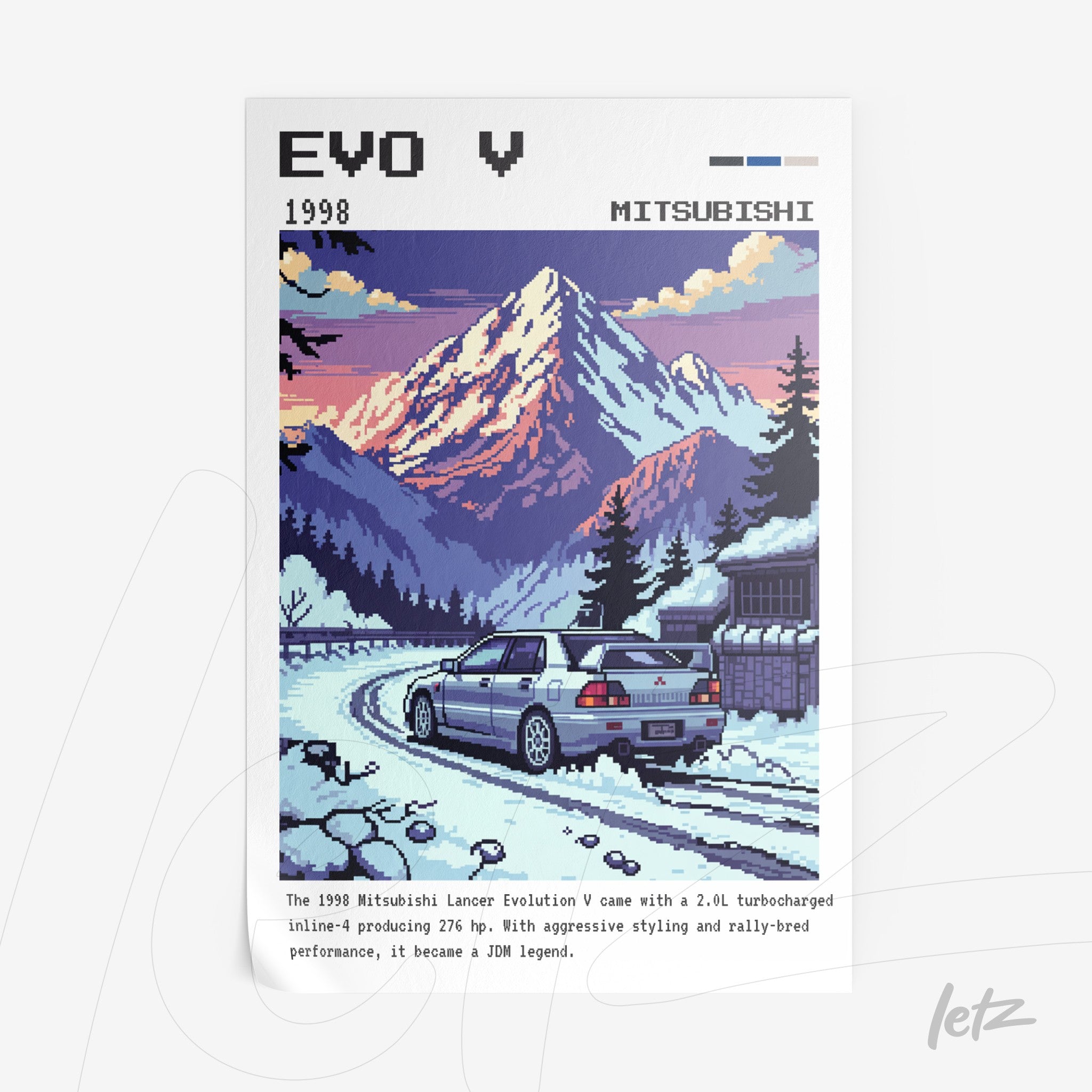 retro style artwork of the Mitsubishi Lancer Evolution V on a snow-covered mountain road
