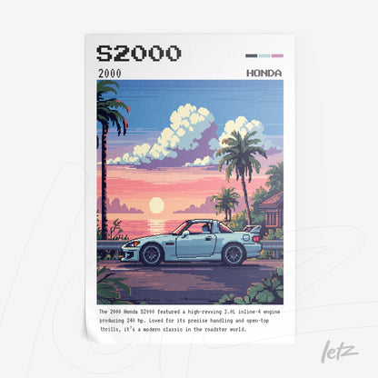 pixel art illustration of a Honda S2000 sports car with palm trees and sunset in the background