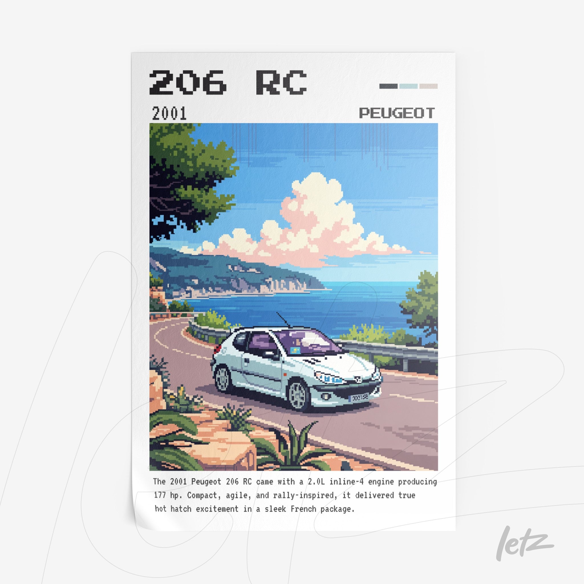 pixelated wall art of a Peugeot 206 RC on a coastal road with a scenic backdrop