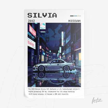 pixel art print of a Nissan Silvia car in an urban night scene with neon lights and reflections on the pavement