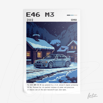 pixel art of a BMW E46 M3 in a snowy night scene with wooden houses