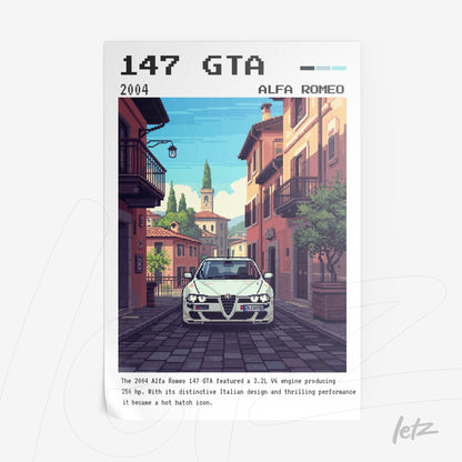 digital pixel art illustration of an Alfa Romeo 147 GTA car in an Italian village background with informative text at the bottom