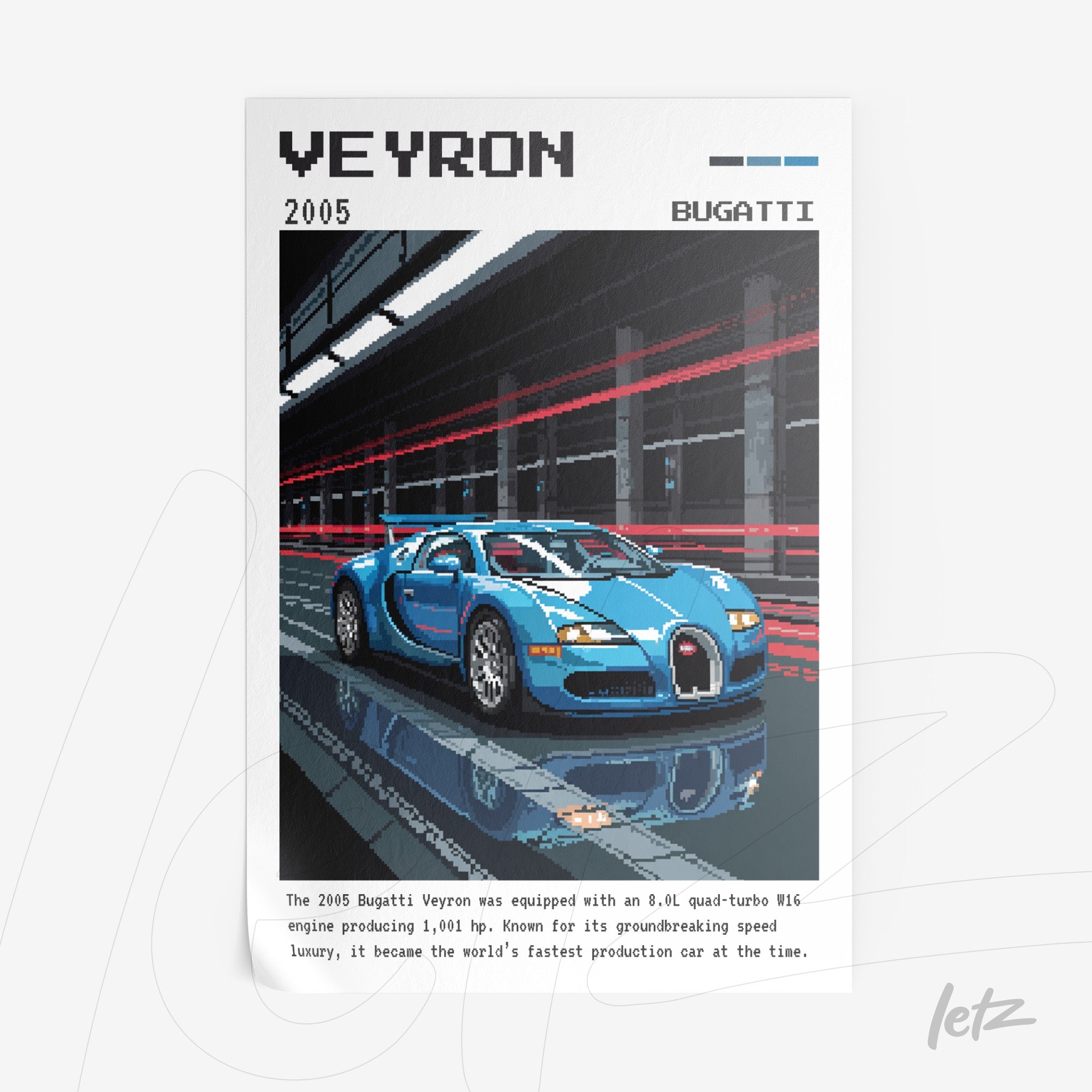 pixel art illustration of Bugatti Veyron in dark background